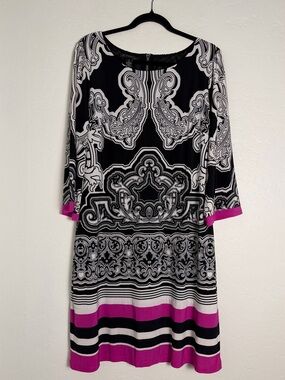 INC Women XL Midi Shift Dress Black/White Pink Paisley Knit 3/4 Sleeves Pullover